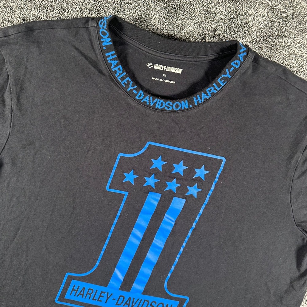 Harley-Davidson T-Shirt Mens XL #1 Logo Black Blue Short Sleeve Biker Moto Tee